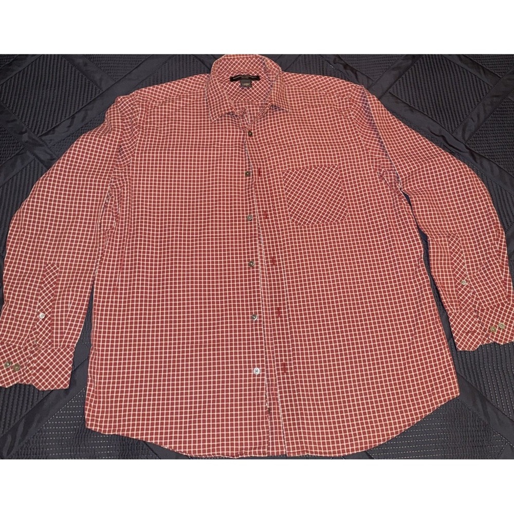 Banana Republic Shirt Mens Size Large Burgundy Check Plaid Button Up Relaxed Fit